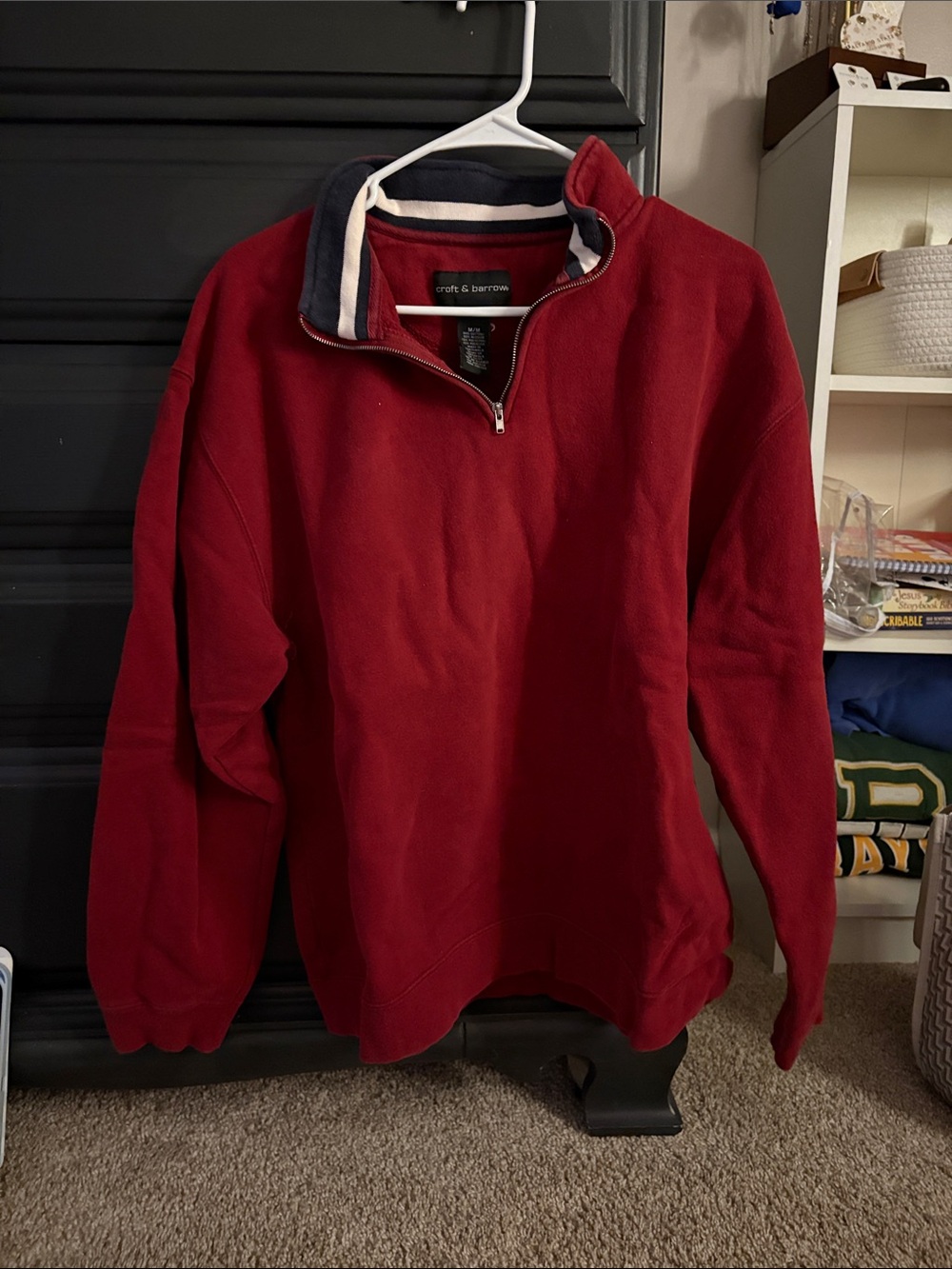 croft & barrow Men's Red Zip-Neck Fleece Pullover with Navy Trim